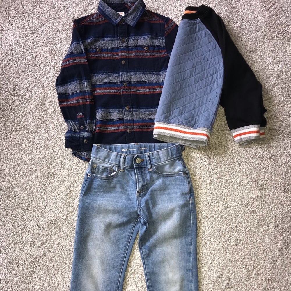 Gap slim Jeans + Gymboree Flannel and sweatshirt